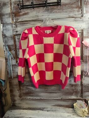 &merci Pink and Cream Checkerboard Puff-Sleeve Crew Sweater